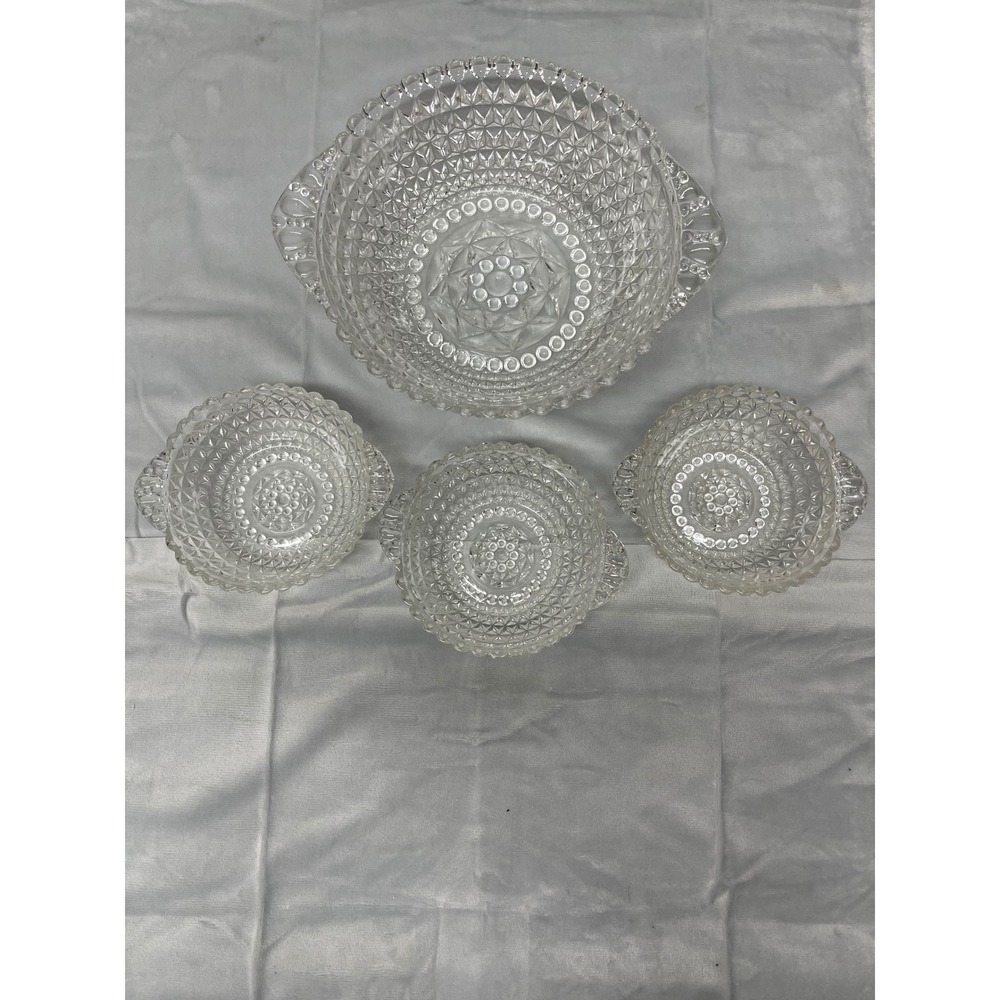 Imperial Glass Cape Cod Clear Diamond Point Handled Serving Bowl & 3 Berry Bowls